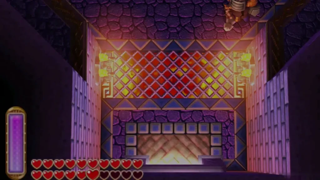 Long hall in Lorule Castle ending at a glowing lattice gate Long hall in Lorule Castle ending at a glowing lattice gate