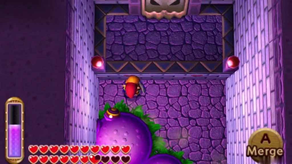 Link at the wall with a Merge prompt beside a purple Moldorm in the small room Link at the wall with a Merge prompt beside a purple Moldorm in the small room