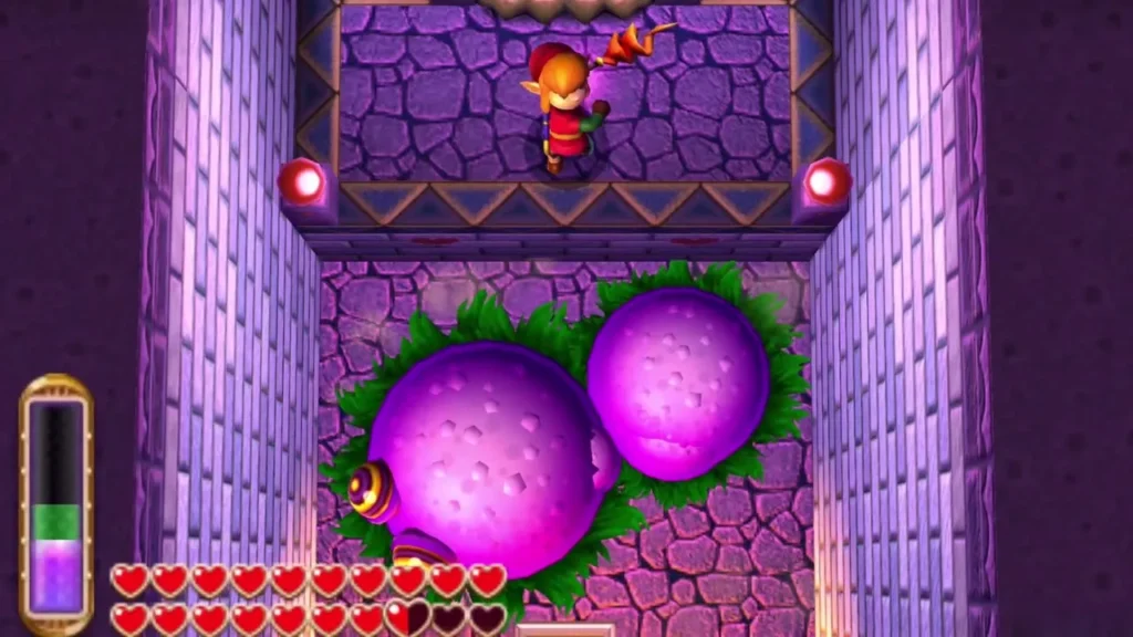 Purple Moldorm curled in the small room below Link as the walls close in Purple Moldorm curled in the small room below Link as the walls close in