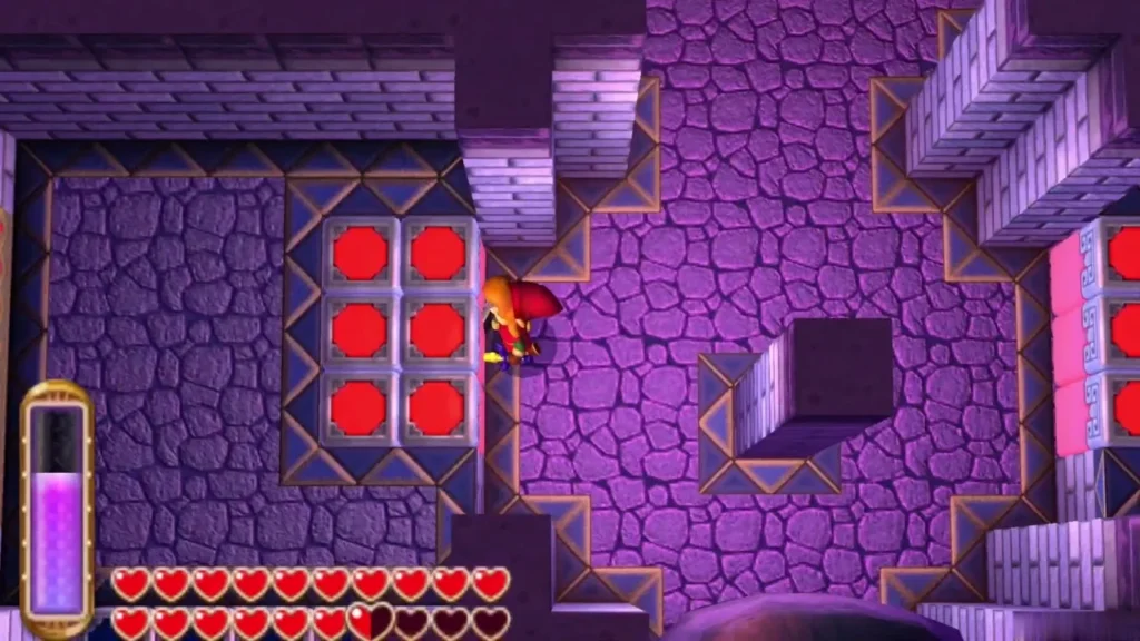 Link crossing the bomb maze past raised red blocks on the purple floor Link crossing the bomb maze past raised red blocks on the purple floor