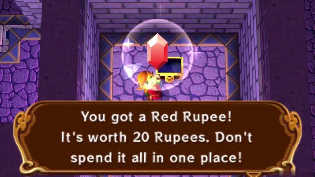 Link holding up a Red Rupee, with the box saying it is worth 20 Rupees Link holding up a Red Rupee, with the box saying it is worth 20 Rupees