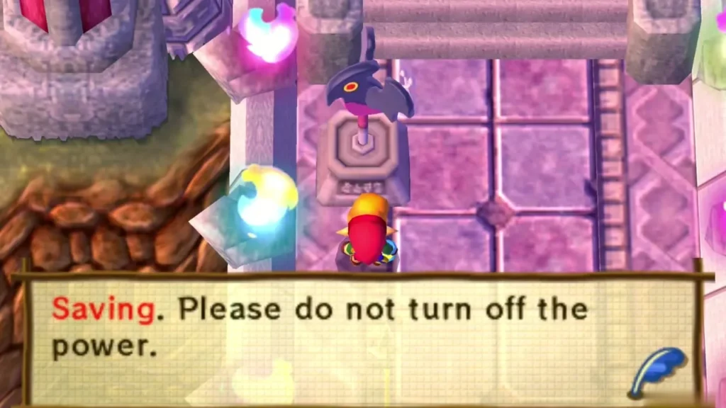 Link at the Lorule Castle save point with the Saving message on screen Link at the Lorule Castle save point with the Saving message on screen