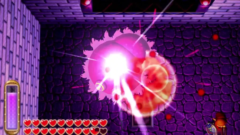 Link's sword striking a purple Moldorm as a burst of light hits its tail Link's sword striking a purple Moldorm as a burst of light hits its tail