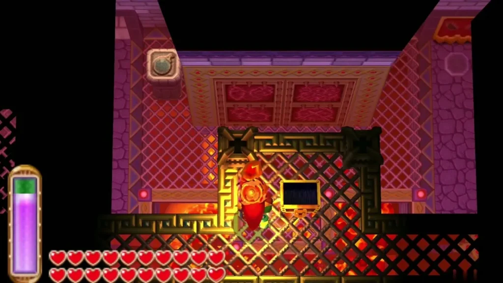 Link on a gold-trimmed grated walkway over the lava, with a chest beside him Link on a gold-trimmed grated walkway over the lava, with a chest beside him