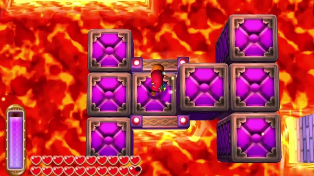 Link standing among purple blocks that rise above the lava in the 3F puzzle room Link standing among purple blocks that rise above the lava in the 3F puzzle room