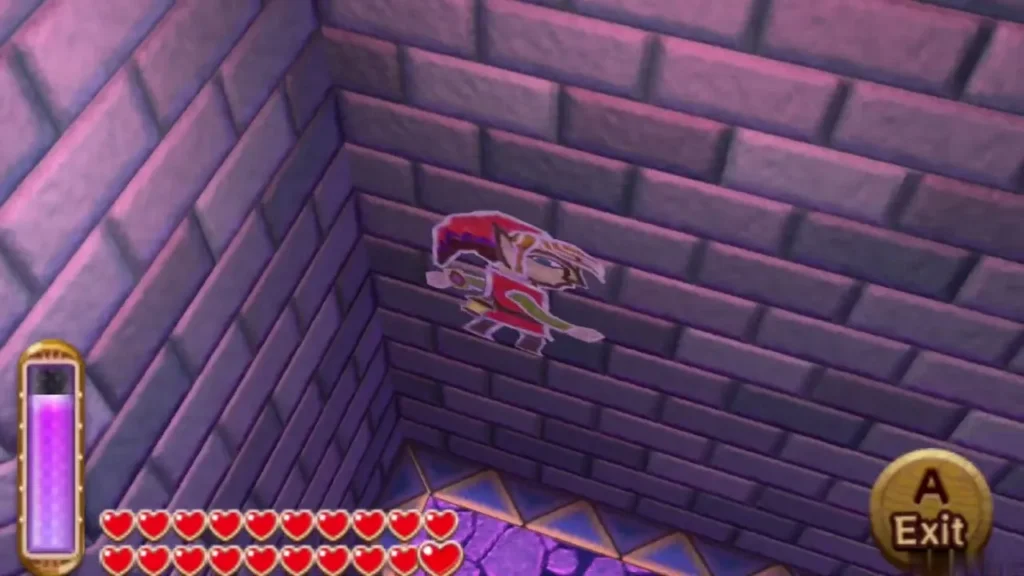 Link painted into the wall of the 2F merge corridor, with the Exit prompt showing Link painted into the wall of the 2F merge corridor, with the Exit prompt showing