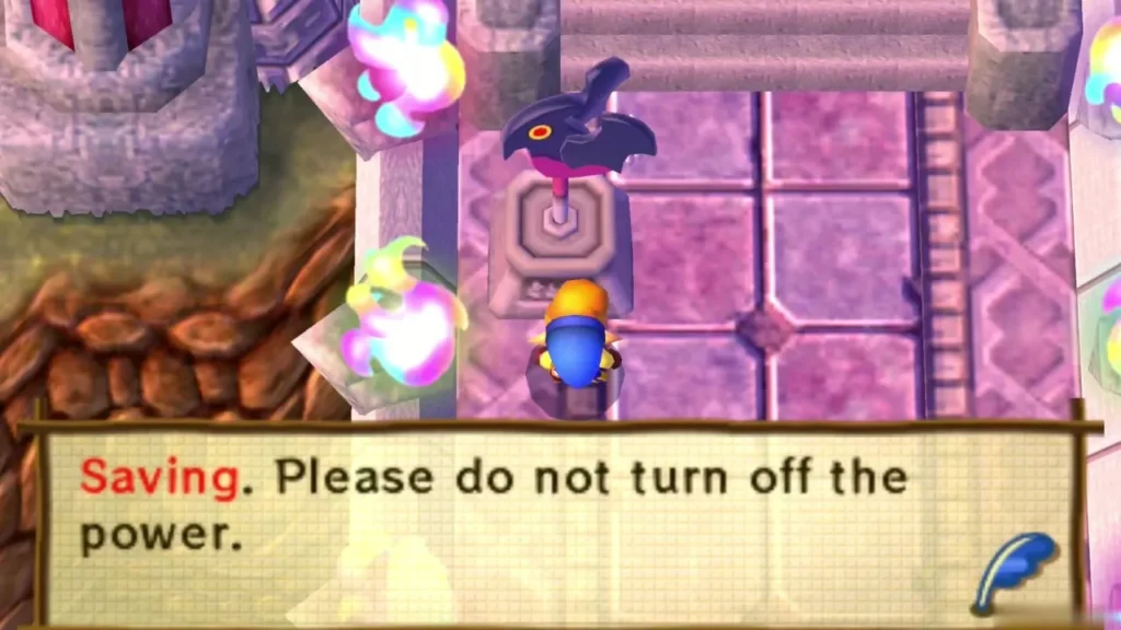 Link at the bird save statue in the pink courtyard, with the saving message box shown Link at the bird save statue in the pink courtyard, with the saving message box shown