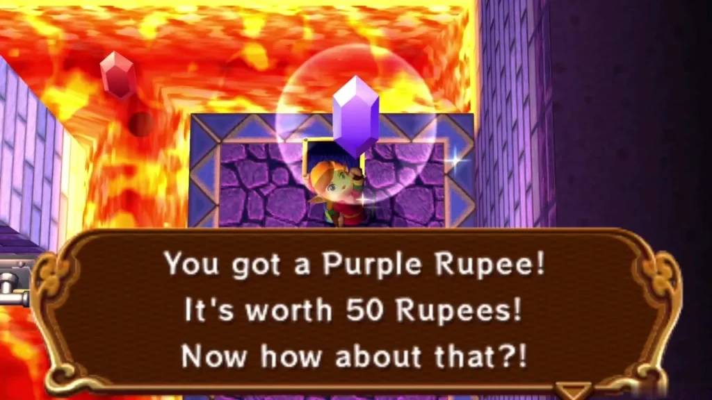 Link holding up the Purple Rupee with its name box Link holding up the Purple Rupee with its name box