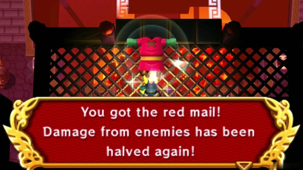 Link holding up the Red Mail, with the box saying damage from enemies has been halved again Link holding up the Red Mail, with the box saying damage from enemies has been halved again