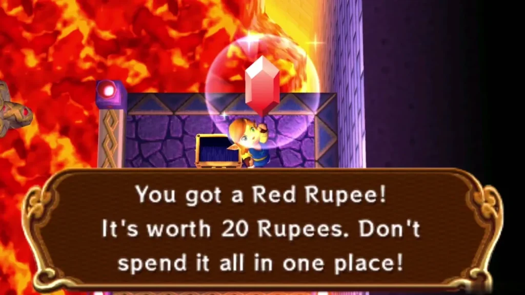 Link receiving a Red Rupee from a chest in a 1F side room Link receiving a Red Rupee from a chest in a 1F side room