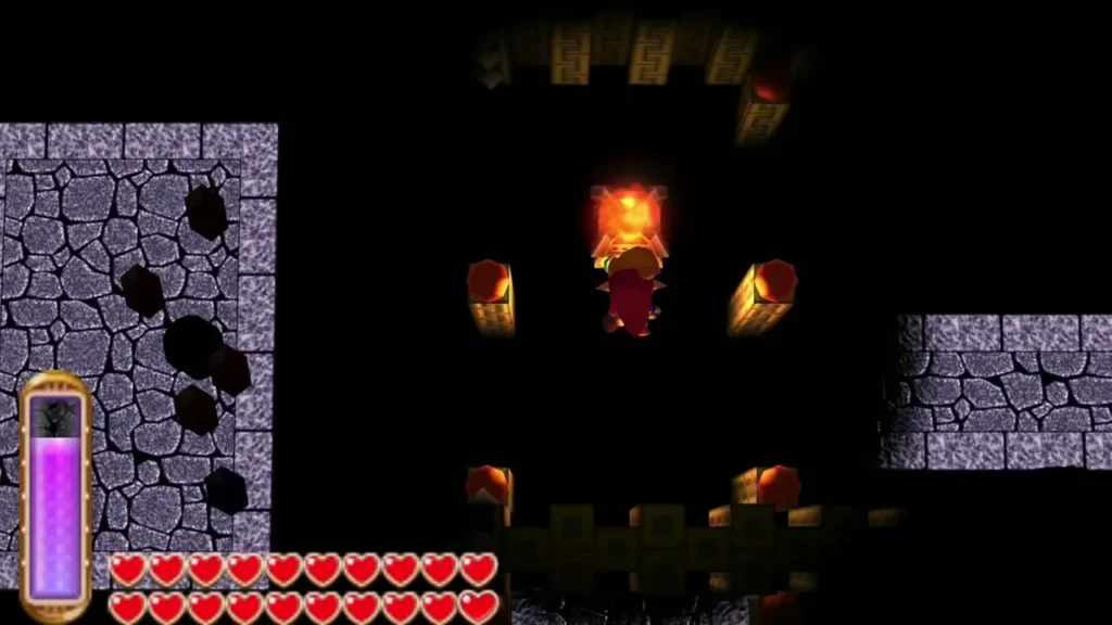 Link holding a lit torch in a dark room, with stone walls on the left Link holding a lit torch in a dark room, with stone walls on the left