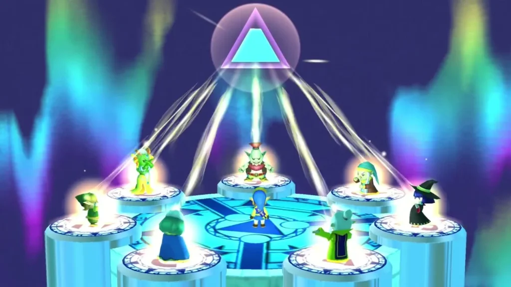 Sages standing on pedestals in a ring under the Triforce symbol Sages standing on pedestals in a ring under the Triforce symbol