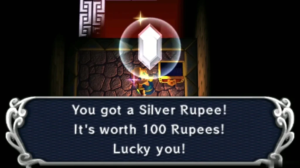 Link holding up the Silver Rupee box beside its chest Link holding up the Silver Rupee box beside its chest