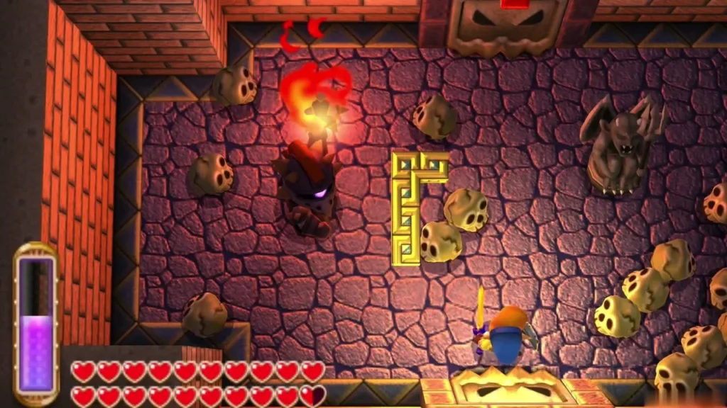 Link facing a dark enemy wreathed in flame in a skull-lined puzzle room Link facing a dark enemy wreathed in flame in a skull-lined puzzle room