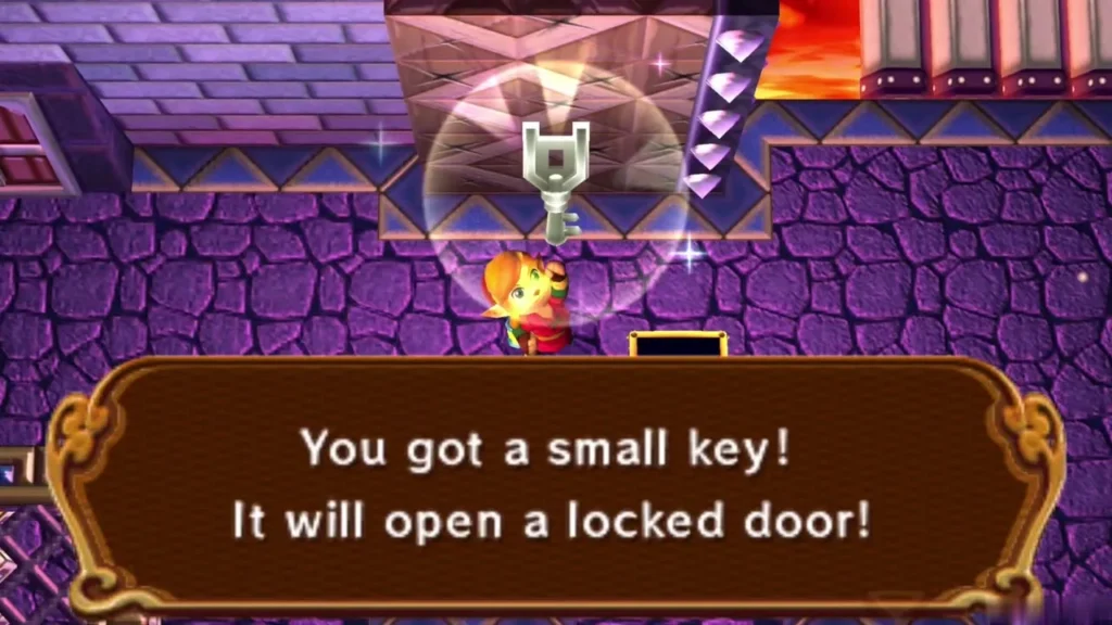 Link receives a small key in a purple Lorule Castle room, with the box saying it opens a locked door Link receives a small key in a purple Lorule Castle room, with the box saying it opens a locked door