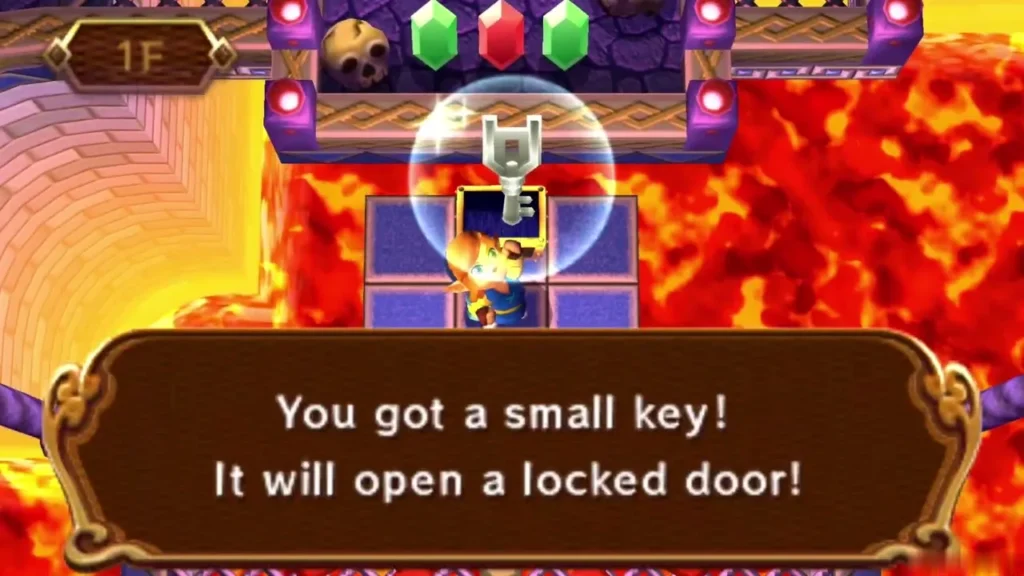 Link holding up a small key under the message that it opens a locked door Link holding up a small key under the message that it opens a locked door