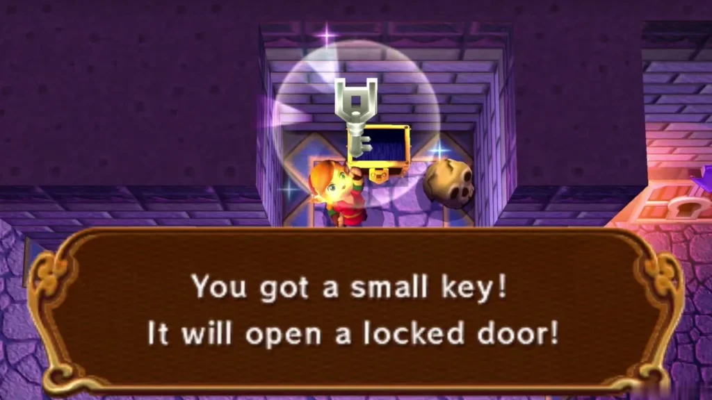 Link holding up a small key in a purple room, with the box saying it opens a locked door Link holding up a small key in a purple room, with the box saying it opens a locked door