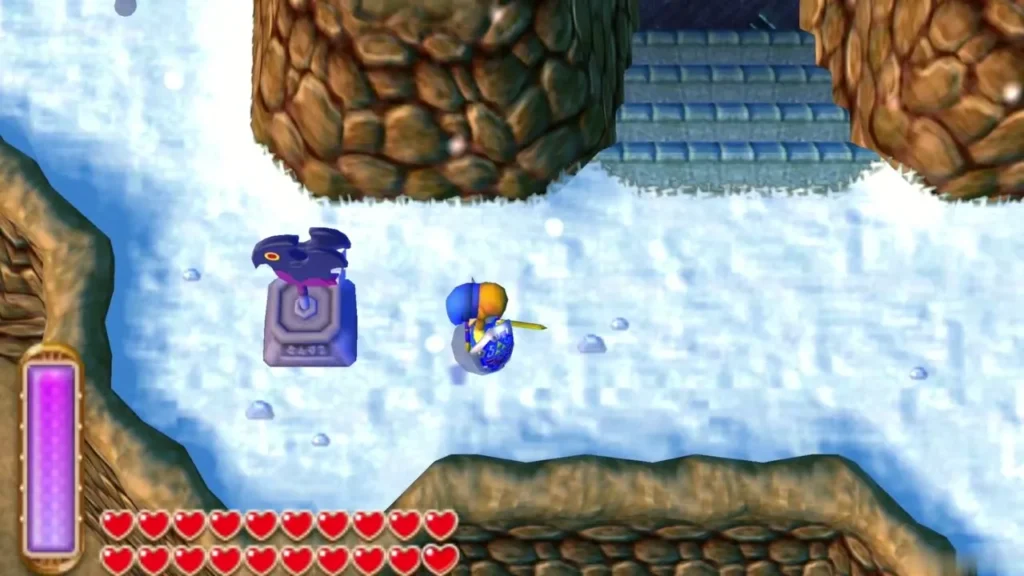 Link standing beside the bird save statue on the snowy path Link standing beside the bird save statue on the snowy path