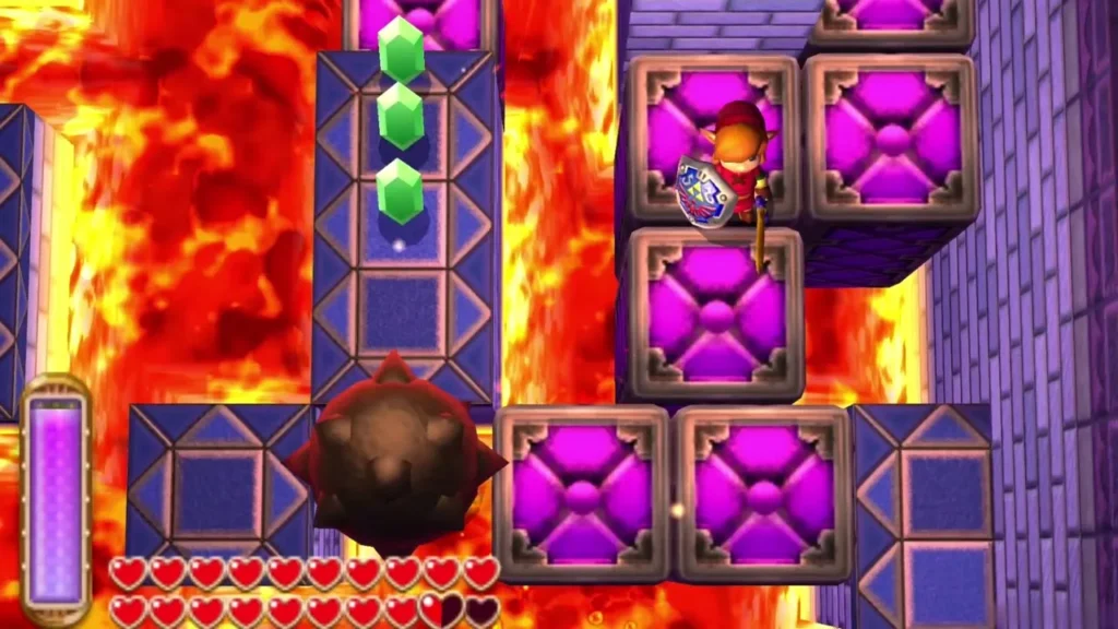 A spiked ball rolls past Link as he crosses the purple blocks over lava A spiked ball rolls past Link as he crosses the purple blocks over lava