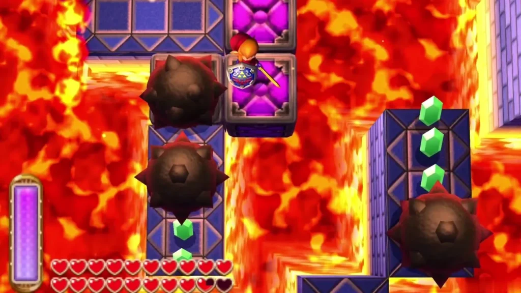 Two spiked balls roll along the lava path beside the purple platforms Link stands on Two spiked balls roll along the lava path beside the purple platforms Link stands on