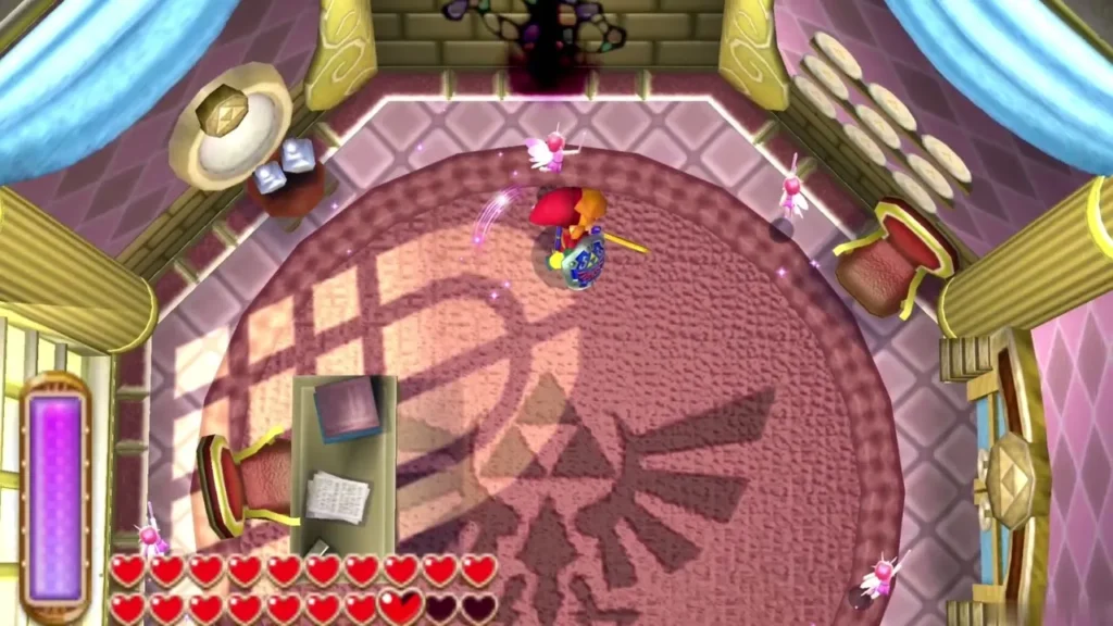Link in the round chamber with a large Triforce emblem on the carpeted floor Link in the round chamber with a large Triforce emblem on the carpeted floor