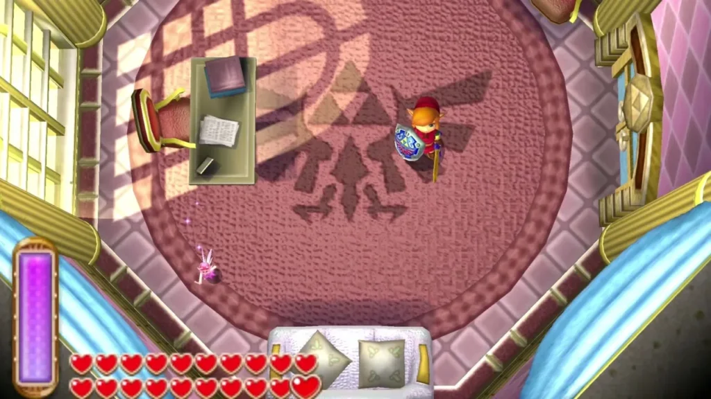 Link standing on the Triforce emblem in the chamber beside a stone pedestal Link standing on the Triforce emblem in the chamber beside a stone pedestal