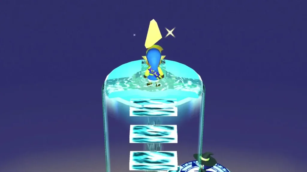 Link on the glowing platform beneath the golden Triforce symbol Link on the glowing platform beneath the golden Triforce symbol