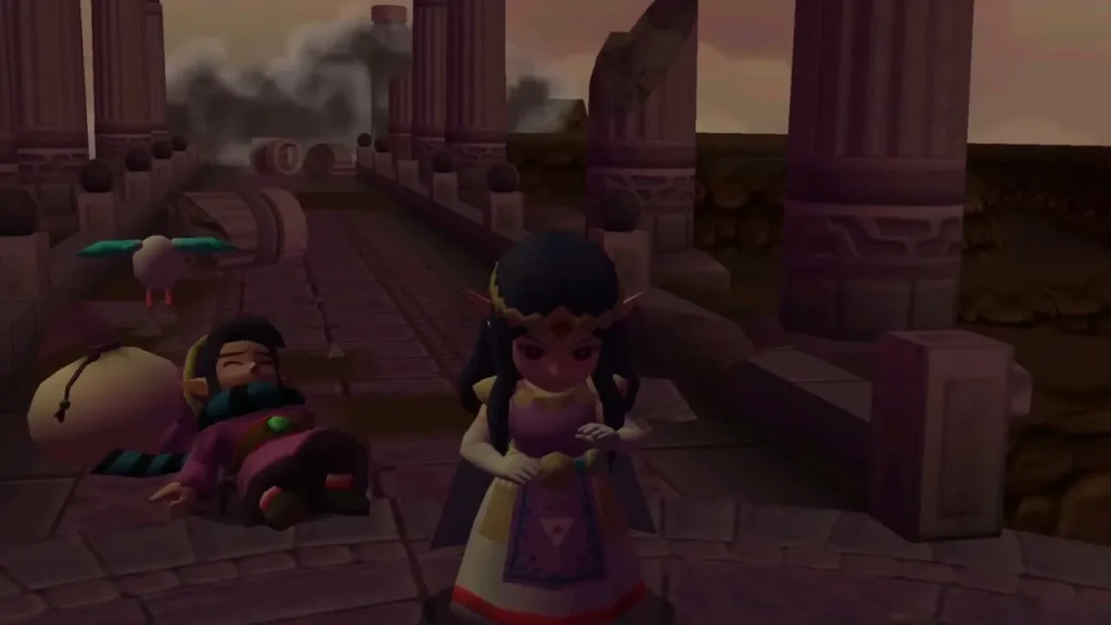 Two figures lie on the ground of the dark, ruined Lorule hall while a princess stands nearby Two figures lie on the ground of the dark, ruined Lorule hall while a princess stands nearby