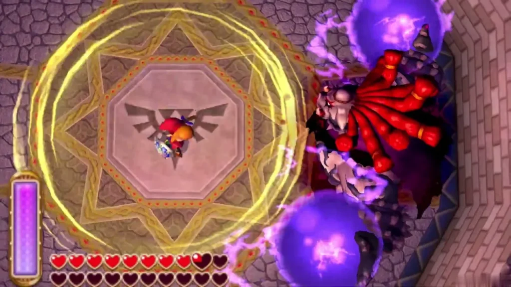 Link on the floor inside the golden ring as purple fireballs burst from the walls around Yuga Link on the floor inside the golden ring as purple fireballs burst from the walls around Yuga