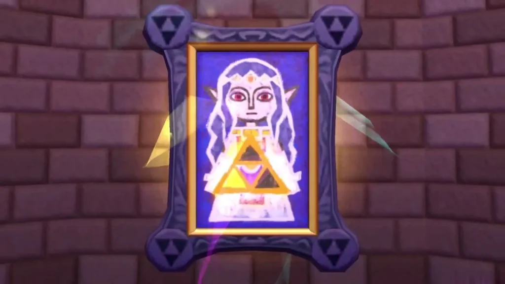 A framed portrait with a Triforce emblem glowing on the arena's brick wall A framed portrait with a Triforce emblem glowing on the arena's brick wall