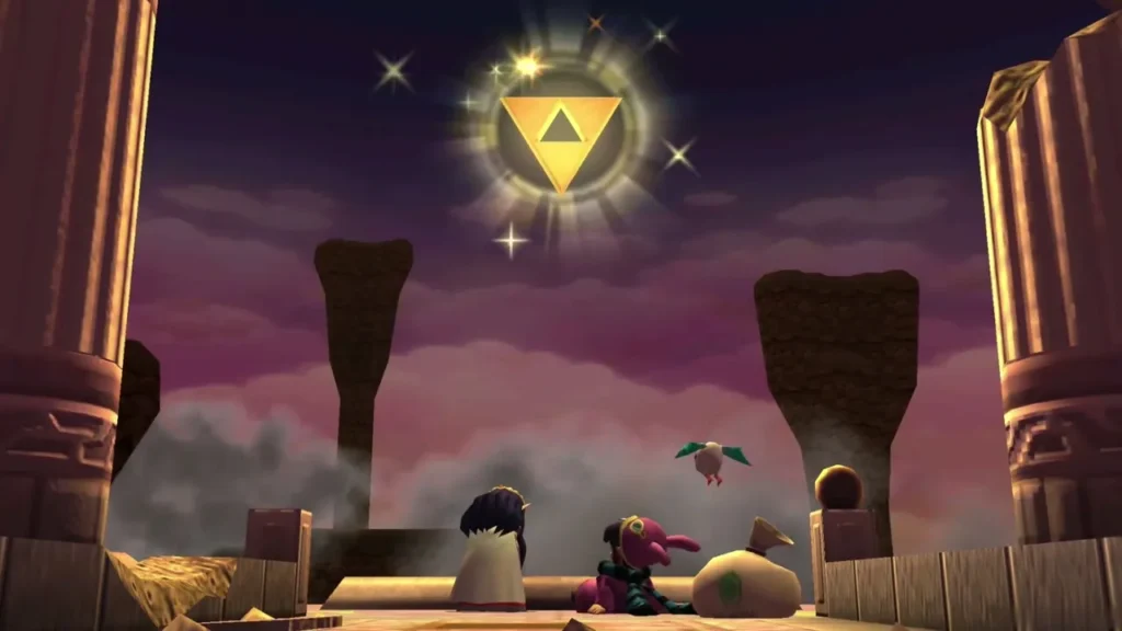 A golden Triforce glowing in the sky above the ruined pillars of Lorule A golden Triforce glowing in the sky above the ruined pillars of Lorule