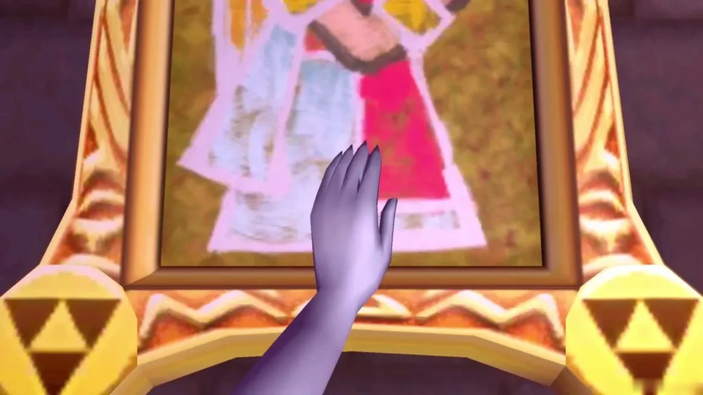 A hand reaches out and touches Hilda's golden portrait border on the castle wall A hand reaches out and touches Hilda's golden portrait border on the castle wall