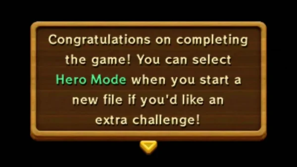 Congratulations message saying Hero Mode can be chosen when starting a new file Congratulations message saying Hero Mode can be chosen when starting a new file