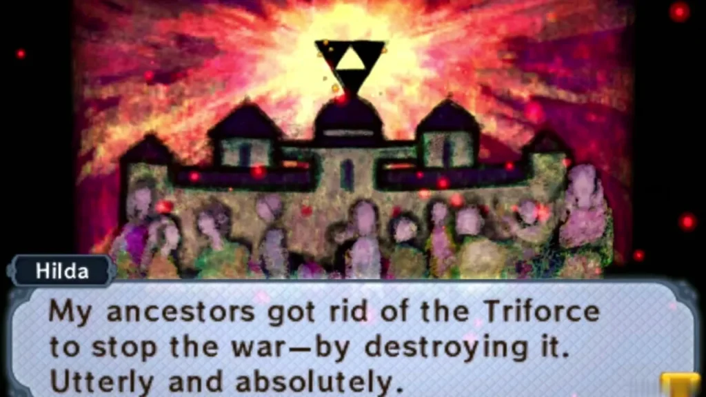 Hilda's story box over a painting of Lorule's castle, describing the ancestors who destroyed the Triforce Hilda's story box over a painting of Lorule's castle, describing the ancestors who destroyed the Triforce
