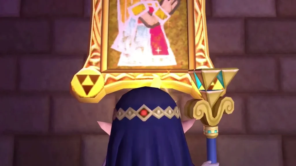 Hilda seen from behind with her staff, standing before her portrait after Link has passed through it Hilda seen from behind with her staff, standing before her portrait after Link has passed through it