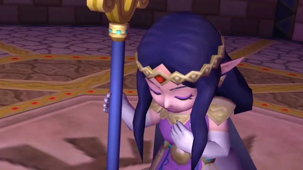 Hilda with her head bowed and a hand on her chest as she speaks in the Triforce chamber Hilda with her head bowed and a hand on her chest as she speaks in the Triforce chamber