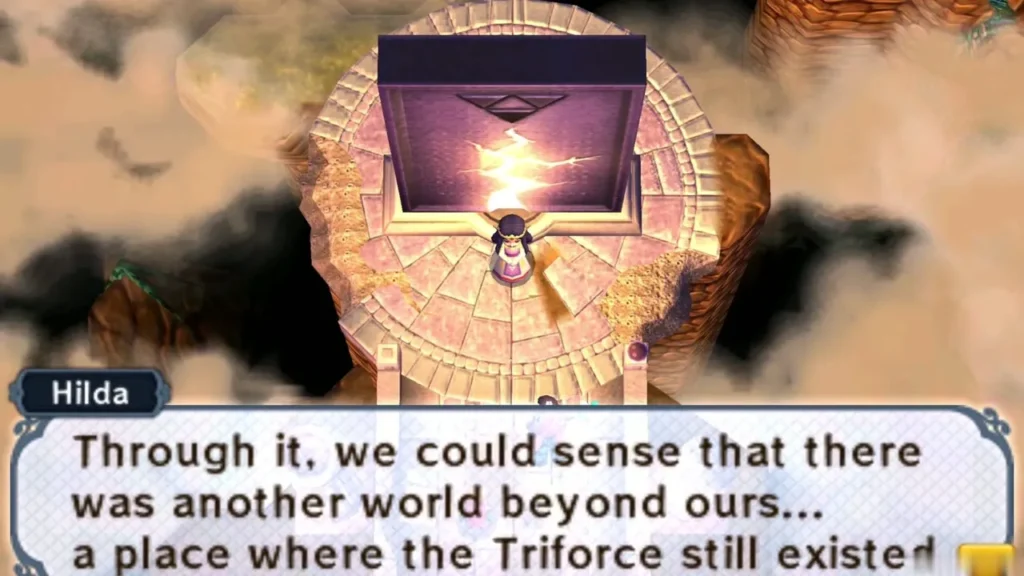 Hilda at the Tower of Triforce explaining how the disc revealed another world Hilda at the Tower of Triforce explaining how the disc revealed another world