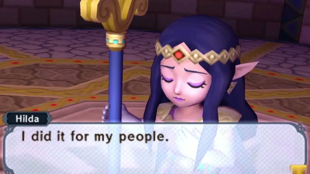 Hilda with eyes closed, her line saying she did it for her people on screen Hilda with eyes closed, her line saying she did it for her people on screen