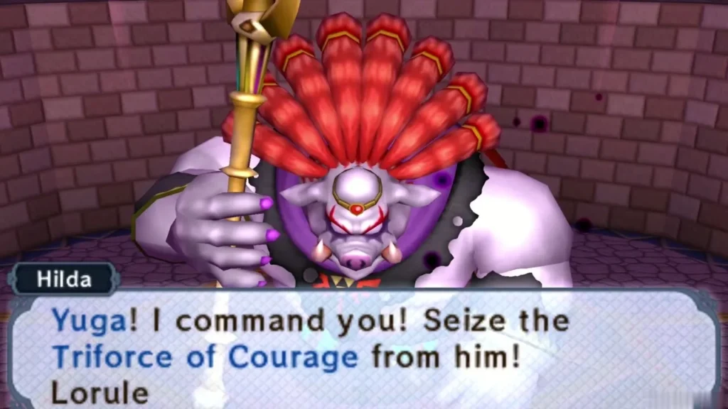 Hilda's text box ordering Yuga to seize the Triforce of Courage, with Yuga standing before her Hilda's text box ordering Yuga to seize the Triforce of Courage, with Yuga standing before her