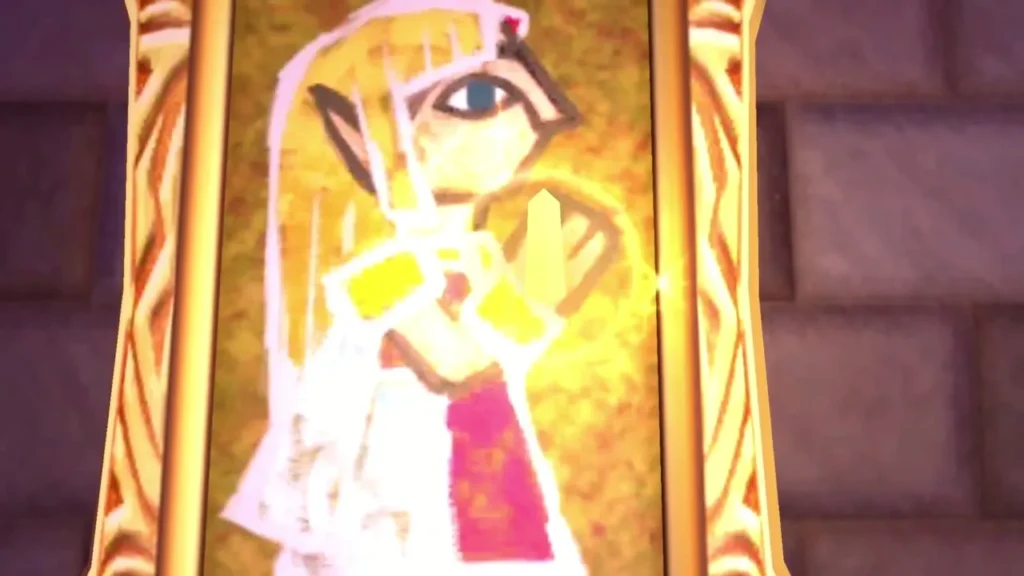 Hilda's portrait glowing gold as Link merges into the painting on the wall Hilda's portrait glowing gold as Link merges into the painting on the wall