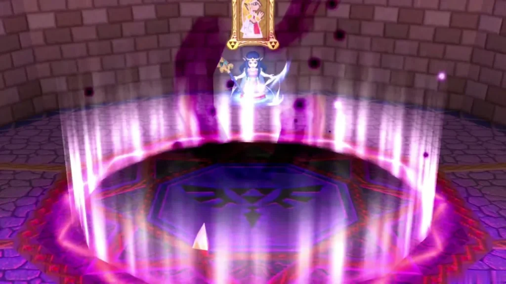 Hilda floating above a glowing purple summoning circle with pillars of light rising around it Hilda floating above a glowing purple summoning circle with pillars of light rising around it