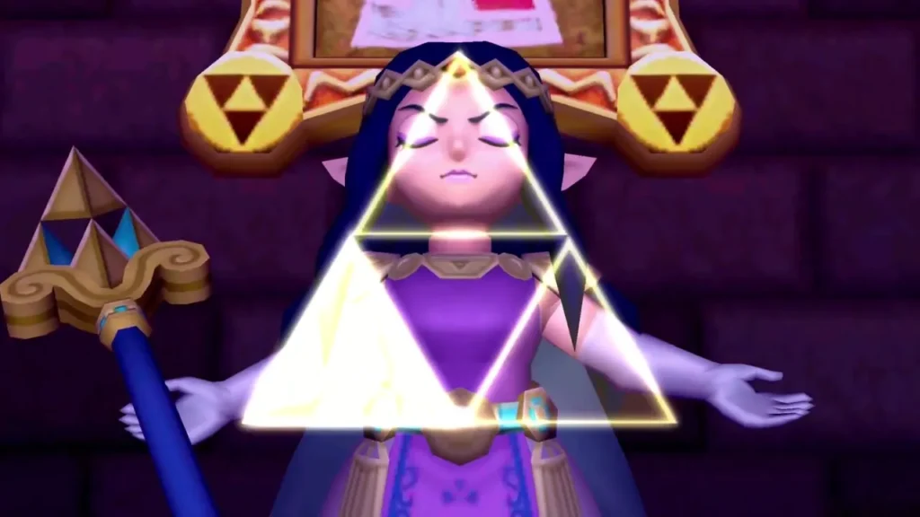 Hilda with a glowing Triforce of Wisdom triangle shining around her as she absorbs its light Hilda with a glowing Triforce of Wisdom triangle shining around her as she absorbs its light