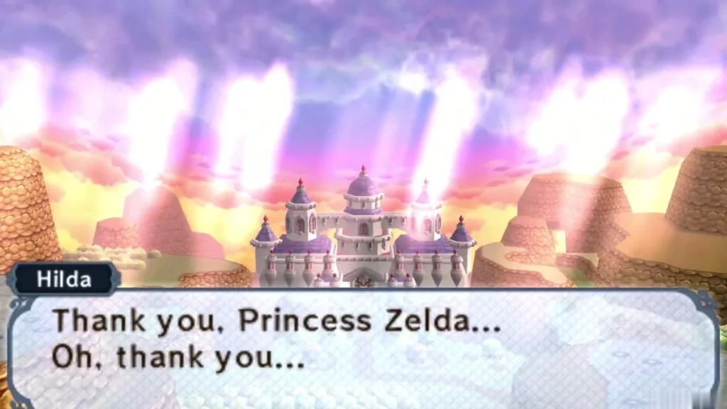Hilda thanking Zelda, with the restored castle under a bright sky Hilda thanking Zelda, with the restored castle under a bright sky