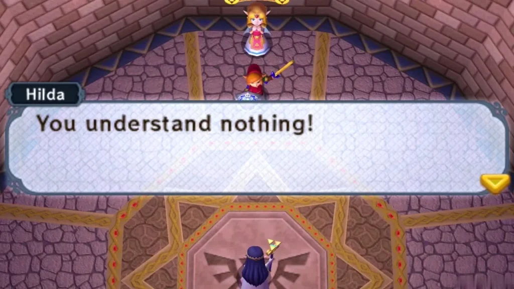 Hilda's dialogue box reads 'You understand nothing!' as she faces Zelda across the chamber Hilda's dialogue box reads 'You understand nothing!' as she faces Zelda across the chamber