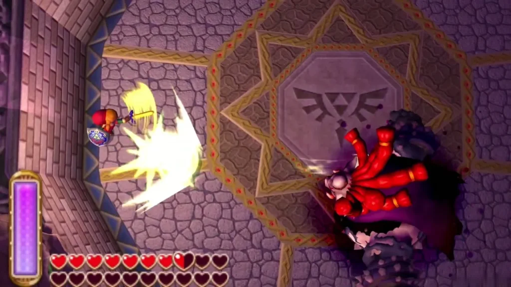 Link on the floor firing a Light Arrow at Yuga after he drops from the wall Link on the floor firing a Light Arrow at Yuga after he drops from the wall