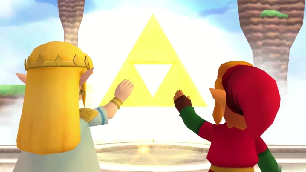 Link and Zelda placing their hands on the golden Triforce emblem Link and Zelda placing their hands on the golden Triforce emblem