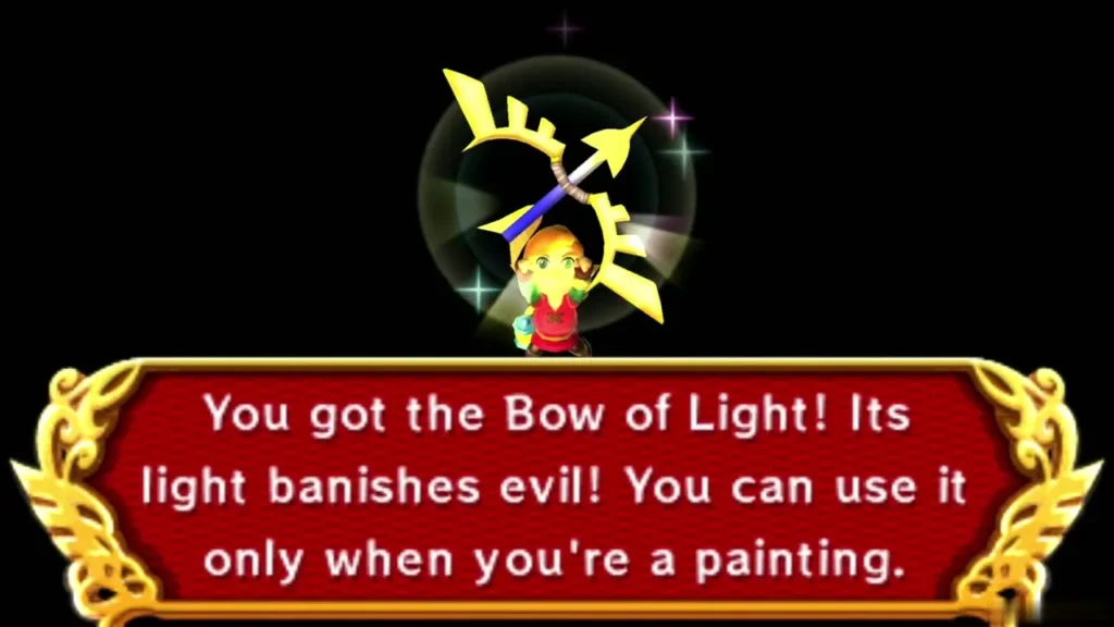 Link holding up the Bow of Light beneath the item message box Link holding up the Bow of Light beneath the item message box