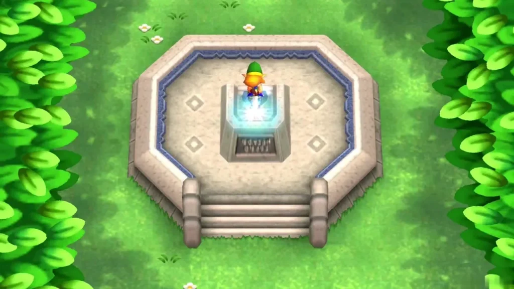 Link on the stone pedestal, glowing blue, as he returns the Master Sword Link on the stone pedestal, glowing blue, as he returns the Master Sword