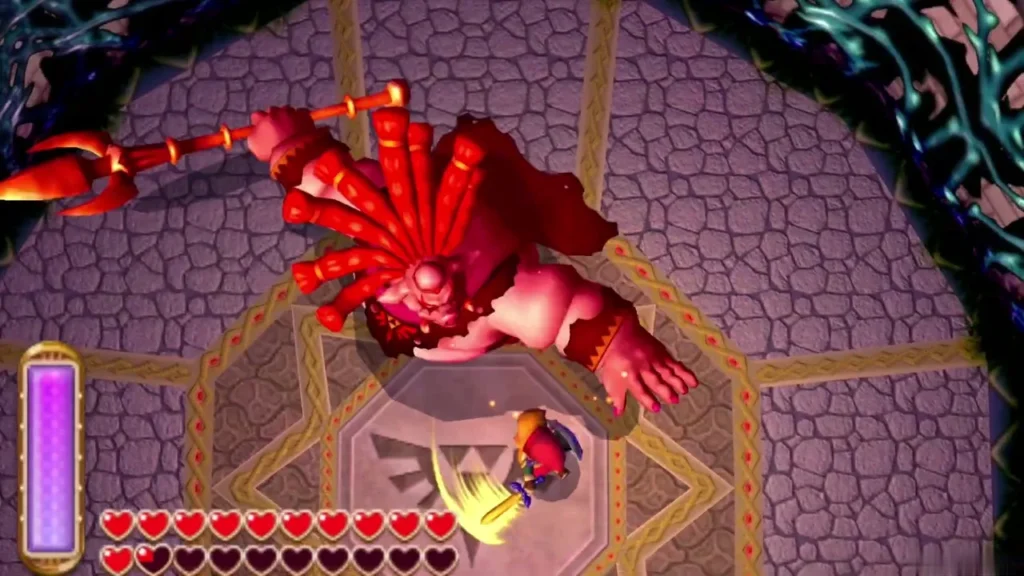 Link slashing at Yuga from behind as he leans over the arena floor Link slashing at Yuga from behind as he leans over the arena floor
