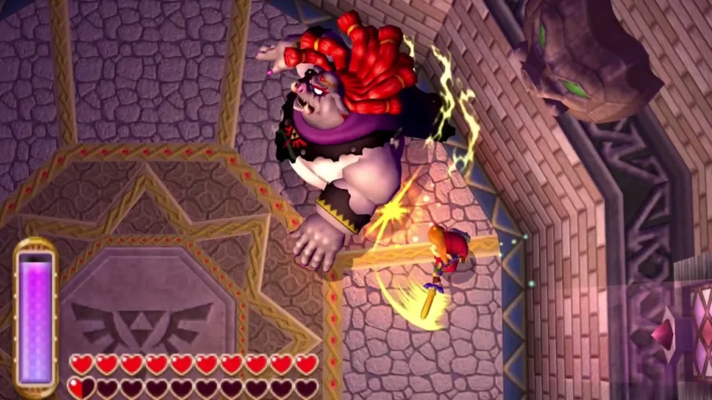 Link running across the chamber floor to slash Yuga with the sword as he falls Link running across the chamber floor to slash Yuga with the sword as he falls